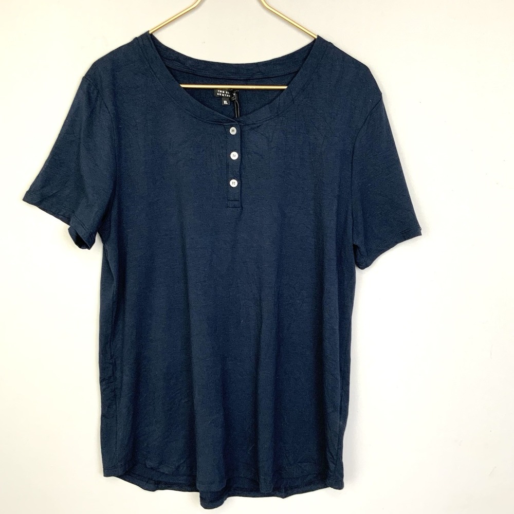 NWT Two Blind Brothers Sz XL Navy Blue Henley Buttons Short Sleeve Shirt Bamboo